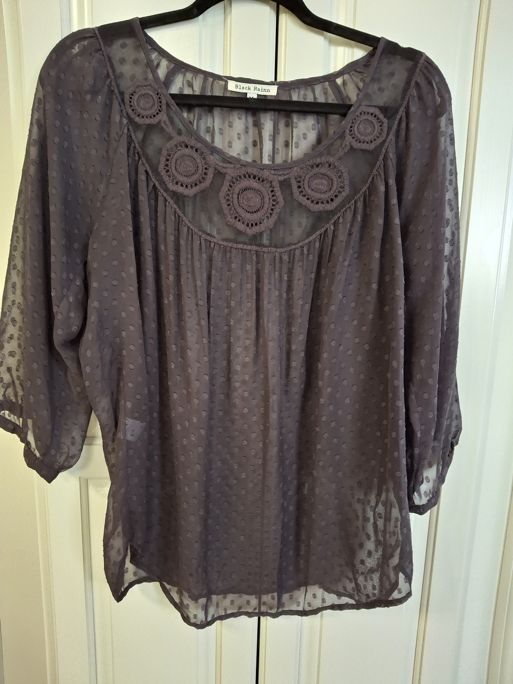 Black Rainn Black Swiss Dot Crochet Yoke Blouse
